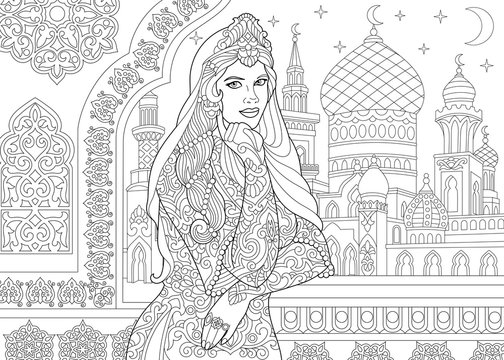 Coloring page of turkish woman. Islamic filigree decor, arabic mosque, crescent moons and stars on the background. Freehand sketch drawing for adult antistress coloring book in zentangle style.