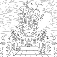 Halloween coloring page. Spooky castle, halloween pumpkins, witch, gothic statues of dragons, full moon silhouette. Freehand sketch drawing for adult antistress coloring book in zentangle style.