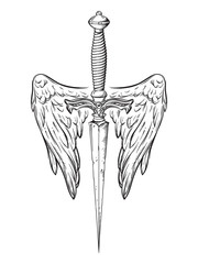 Ritual dagger with angel wings isolated on white background hand drawn vector illustration. Black work, flash tattoo or print design