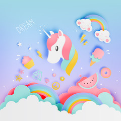 Unicorn in paper art style with various cute icons and pastle scheme