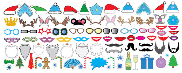 New year (Christmas) party big set. Photo booth props. Vector.