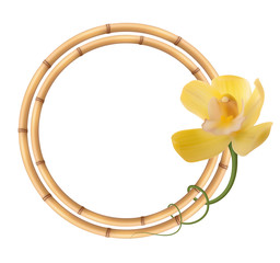 Realistic bamboo frame with orchid flower.