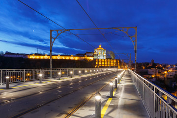 Plakat Empty tram rails on the Dom Luis I or Luiz I iron arch bridge across Douro river and Monastery of Serra of Pilar in Porto during morning blue hour, Portugal.