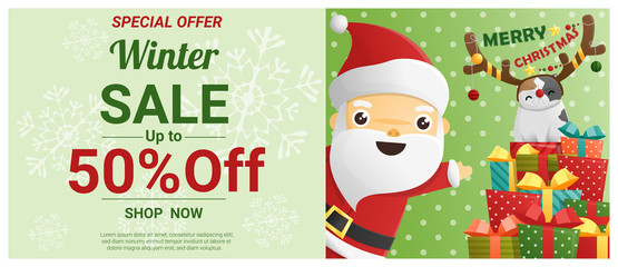 Christmas winter sale banner with Santa Claus and cat wearing reindeer costume , vector , illustration