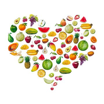 Combine the fruits in the shape of the heart. A set of elements painted in watercolor. Healthy food.