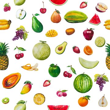 Fruits seamless pattern. A set of elements painted in watercolor. Background of fresh falling mixed fruits. Healthy food.