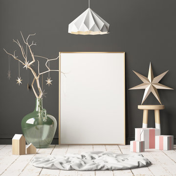 Mock up poster in the Christmas interior in Scandinavian style. 3D rendering