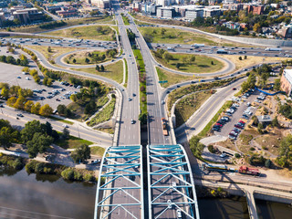 Arch bridge on Speer boulevard in Denver aerial