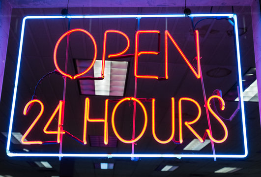 open 24 hours neon sign