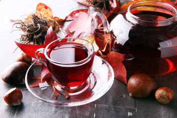 Autumn Still Life. Tea on maple leaves.