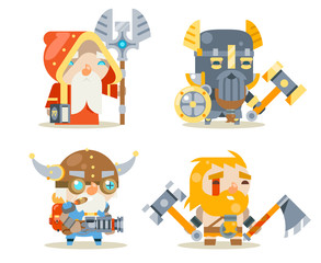 Dwarfs Warrior Defender Rune Mage Priest Berserker Engineer Inventor Worker Fantasy RPG Game Character Vector Icons Set Vector Illustration