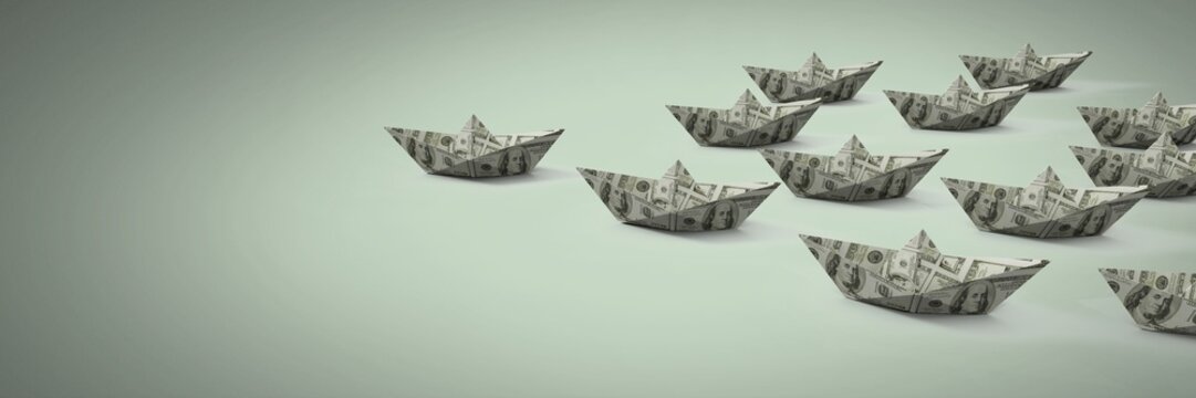 Group of Paper money dollar boats on green background
