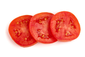 Three tomato slice isolated on white background. Top view