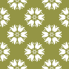 White floral seamless pattern on olive green background