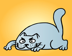 Funny cartoon blue cat hunter. Vector illustration.