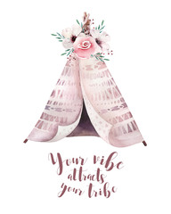 Hand drawn watercolor tribal teepee, isolated white campsite tent. Boho America traditional native ornament wigwam. bohemian decoration tee-pee with arrows and feathers © kris_art