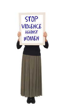 Woman with anti-violence placard, banner.