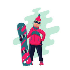 Woman with snowboard. Cartoon illustration. Active sport.