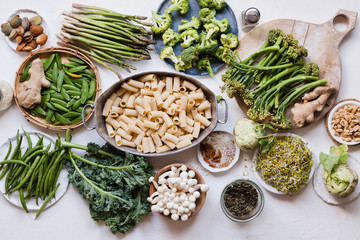 Pasta rigatoni casserole raw green vegetables cooking ingredients