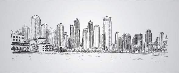 Hand drawn sketch of Downtown Dubai in vector illustration. © dhanu3182