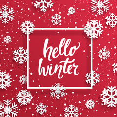 Fototapeta na wymiar Hello winter card with snowflakes on red background. Vector illustration banner.