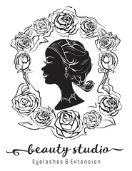 Logo for the beauty salon. Profile elegant girl with lips, curved eyelashes and beautiful hair. Perfect for Beauty Salon, Makeup Artist, Lash Studio, Hair. Vintage frame from roses.