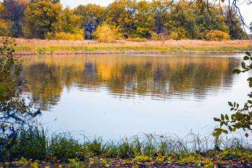 Autumn landscape with a lake. On the trees yellow leaves