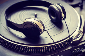 Close up of headphones on turntable 