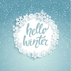 Obraz premium Hello winter greeting card with lettering. Snowfall background. Vector illustration.