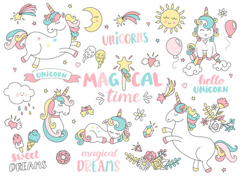 Set of unicorns and different magic elements with some lettering. Vector illustration.