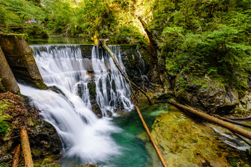 Waterfall at the Vintgar gorge, beauty of nature, with river Radovna flowing through, near Bled,...