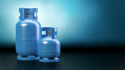 Two blue gas bottles - dark background - obrazy, fototapety, plakaty