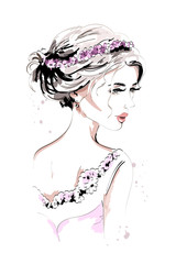 Beautiful young woman portrait. Fashion woman. Hand drawn cute girl with flower wreath and beautiful hairstyle. Sketch.