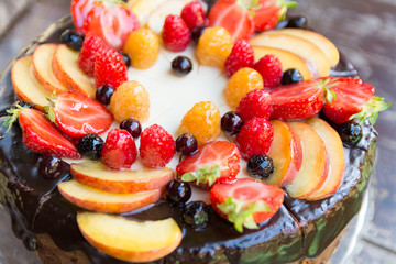 chocolate cake decorated with fruits