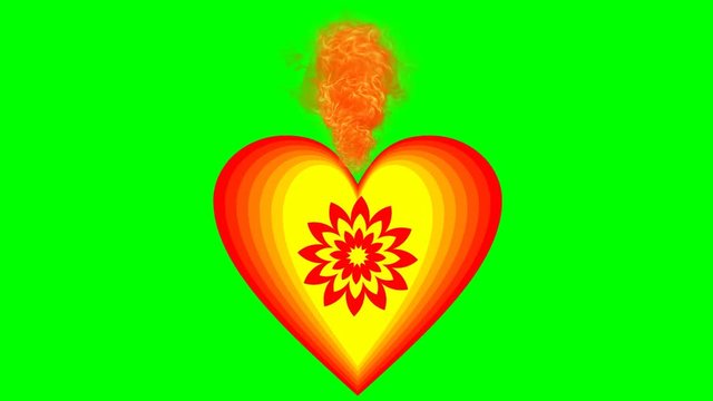 Burning heart on green screen. Animation of love symbol in cheerful vivid colors red and yellow. Beautiful Valentines day video.