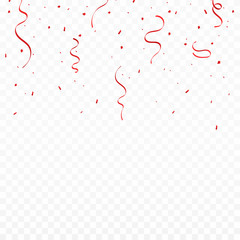 Festive background with red ribbons and confetti. Falling confetti and ribbons isolated on transparent background