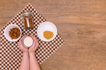 Plant alternative vegan almond milk recipe with brown sugar and sea salt