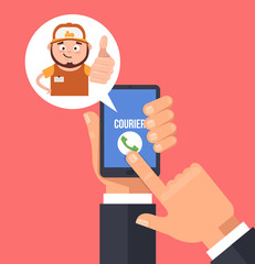 Consumer hand hold smartphone and call courier man character. Delivery in time concept. Vector flat cartoon illustration