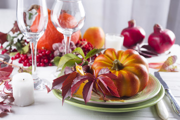 Autumn table setting with pumpkins.