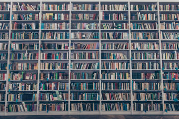 Ancient library interior design with massive wooden grey book shelves, full of colorful literature,...