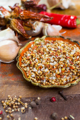 Harissa blend spice with coriander, chili pepper, garlic, salt used in African, Morocco, Middle East cuisine