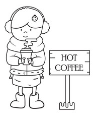 girl with coffee, cold time and a warm drink, fragrant tea and a girl in warm headphones,autumn or winter, vector image, flat design,cartoon character,hot coffee,outline style,Black and White