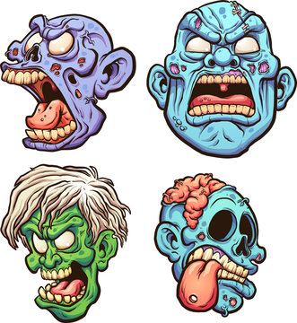 Cartoon zombie heads with different expressions. Vector clip art illustration with simple gradients. Each on a separate layer. 