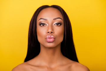 Pampering, lips correction, dermatology, dream, healthcare concept. Cose up cropped photo of afro...