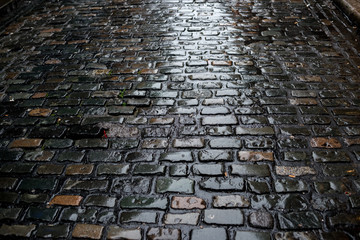 Wet Cobblestone Street at Night