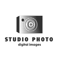 Abstract studio photo camera logo design template. Camera lined silhouette vector illustration.