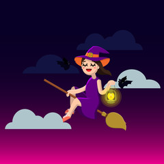 Happy Halloween. Little Witch on a broom. Cute girl and bats. Vector illustration of a flat design.