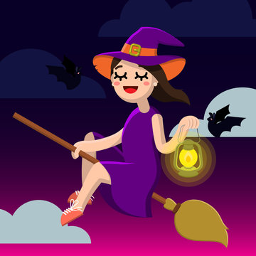 Happy Halloween. Little Witch on a broom. Cute girl and bats. Vector illustration of a flat design.