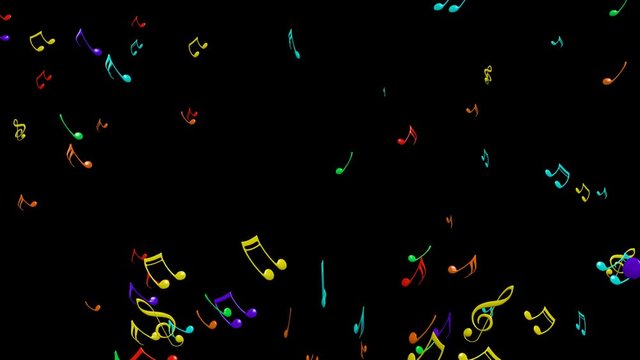 Animated exploding colorful cartoon like 3d music notes against black background. Mask included.