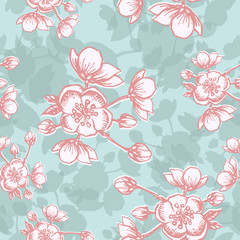 Apple flower blossom hand drawn, seamless vector floral pattern, outline art for greeting card, package design cosmetic, wedding invitation, wallpaper beauty